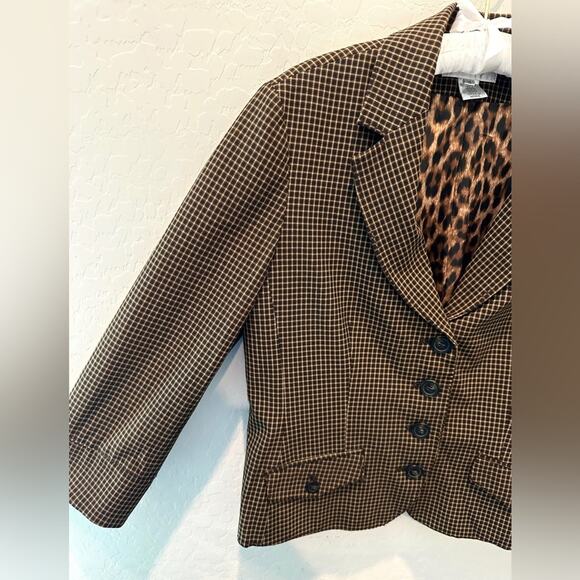 NINE WEST | Vintage Brown Cropped Plaid Blazer Jacket Leopard Lined | Size 14 - Picture 3 of 6